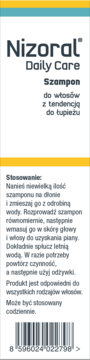 Tył opakowania szamponu Nizoral Daily Care z polskimi instrukcjami stosowania i kodem kreskowym.
