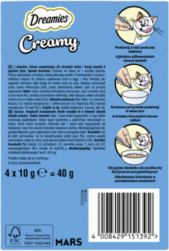 Tył opakowania Dreamies Creamy 4x10g dla kota, niebieskie z instrukcją podawania i kodem kreskowym.