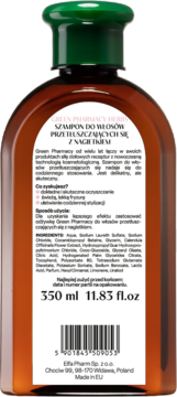 Tył brązowej butelki szamponu Green Pharmacy Herbs do włosów przetłuszczających się, z nagietkiem i informacjami.