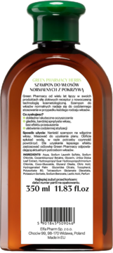 Green Pharmacy Herbs szampon do włosów normalnych z pokrzywą. Tył butelki z etykietą, składem, 350ml.
