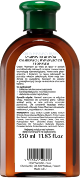 Tył brązowej butelki szamponu Green Pharmacy Herbs z łopianem do włosów wypadających, 350ml.