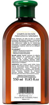 Tył brązowej butelki szamponu Green Pharmacy do włosów zniszczonych z mniszkiem, 350 ml.