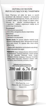 Tył białej tuby odżywki Green Pharmacy Herbs 200ml do włosów przetłuszczających się z nagietkiem.