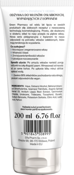 Green Pharmacy odżywka do włosów osłabionych, biała tubka, tył opakowania, etykieta ze składem i objętością.