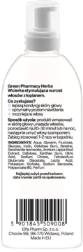 Biała butelka Green Pharmacy Herbs Wcierka z łopianem na porost włosów. Tył opakowania z etykietą i kodem.