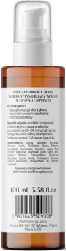 Tył brązowej butelki Green Pharmacy Wcierka stymulująca wzrost włosów, widoczna etykieta ze składem i 100 ml.