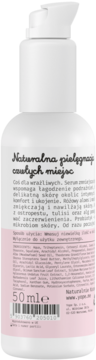 Tył białej butelki serum Naturalna Pielęgnacja Czułych Miejsc, 50ml, z pompką, różowy dół.