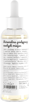 Tył białej butelki Yope 50ml z kroplomierzem, etykieta z opisem olejku do pielęgnacji intymnej.