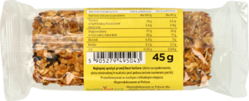 Baton Honey World daktylowo-miodowo-owsiany w przezroczystej folii, widok z góry, żółta etykieta 45g.