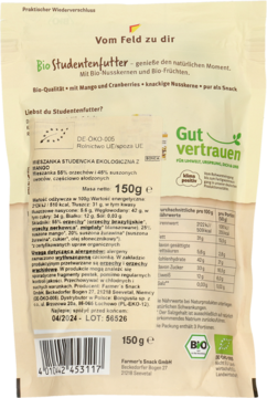 Tył opakowania ekologicznego Bio Studentenfutter z mango, 150g. Biała torebka z niemieckim opisem produktu.