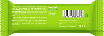 Zielone opakowanie batona z miodem, pistacjami, migdałami, widok z tyłu, z kodem kreskowym i wagą 30g.