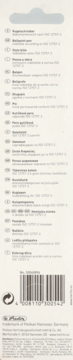 Tył opakowania długopisu Pelikan, z kodem kreskowym i specyfikacją produktu w wielu językach.