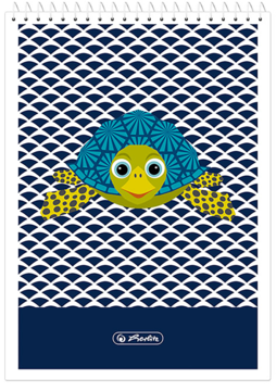 Notatnik spiralny Herlitz z żółwiem na okładce, niebiesko-biały wzór, widok z przodu.