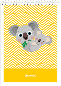 Biały notatnik spiralny z grafiką szarych koali na żółtym tle w geometryczny zygzak. Widoczna marka Herlitz.