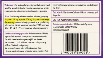 Tył fioletowego opakowania leku Ibuprofen z instrukcjami, dawkami i kodem kreskowym.