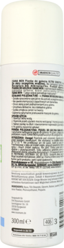 Tył białej butelki pianki do golenia ISANA MEN Ultra Sensitive 300 ml z polskim opisem i logo VEGAN.