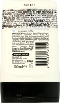 Biała tubka balsamu Isana Men Sensitive 100ml, widok tyłu z listą składników i logo vegan.