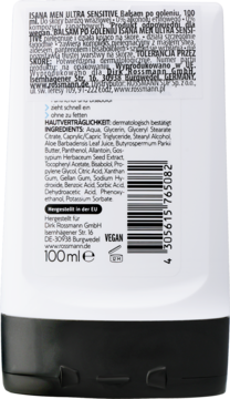 Tył białej tubki balsamu po goleniu ISANA MEN Ultra Sensitive dla skóry wrażliwej 100ml, lista składników.