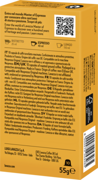 Tył pomarańczowego opakowania kapsułek Lavazza Master of Espresso, z wielojęzycznym opisem i kodem QR.