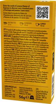 Tył pomarańczowego opakowania kapsułek Lavazza Nespresso, z opisami, QR kodem i ikonami parzenia kawy.