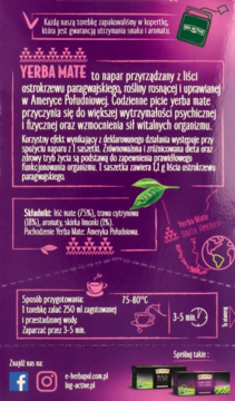 Tył fioletowego opakowania herbaty Yerba Mate z Herbapolu, widoczne informacje o składzie, pochodzeniu i przygotowaniu.