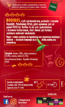 Tył czerwonego opakowania herbaty Rooibos z pomarańczą i wanilią, widocznymi składnikami i instrukcją parzenia.