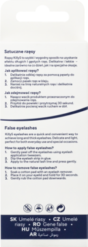 Tył opakowania sztucznych rzęs KillyS z instrukcjami użycia w j. polskim i angielskim, tłumaczenia nazw.