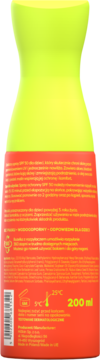Tył żółto-pomarańczowej butelki HiSkin Sun Protector Kids SPF 50 spray, z widoczną etykietą i tekstem o składzie 200ml.