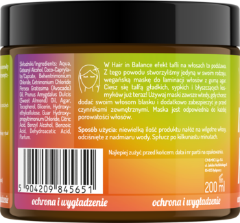 Tył słoika maski do włosów Hair in Balance 200ml, z kodem kreskowym i napisem "ochrona i wygładzenie".