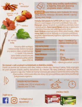 Herbata Big-Active 4x SUPER SLIM, opakowanie z ilustracjami składników aktywnych: morszczynu, hibiskusa.