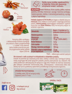 Tył opakowania herbatki Active Burn granat+pomarańcza. Widoczny skład, instrukcje i grafiki hibiskusa, guarany, morszczynu.