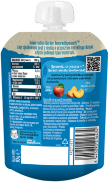 Tył niebieskiej tubki Gerber Incredipouch z puree owocowym, szczegóły recyklingu, skład i kod kreskowy.