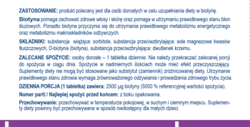 Tekst o suplemencie Biotyna na białym tle, opisujący jego działanie na włosy, skórę i metabolizm.