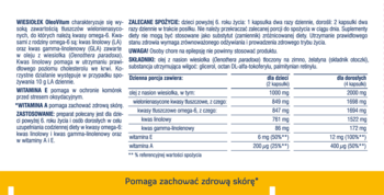 Ulotka informacyjna suplementu Wiesiołek OleoVitum: składniki (omega-6, witaminy E, A), dawkowanie, białe tło.