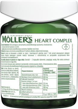 Tył ciemnozielonej butelki Möller's Heart Complex, suplement diety, z czytelnym opisem składników i działania.