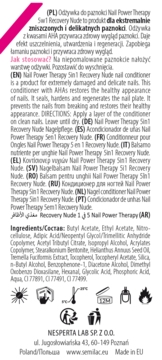 Tył opakowania odżywki Nail Power Therapy 5in1 Recovery Nude, widoczne składniki i instrukcje użytkowania.