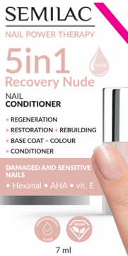 Semilac 5in1 Recovery Nude Nail Conditioner do zniszczonych paznokci, biała butelka z różową nakrętką, aplikacja.