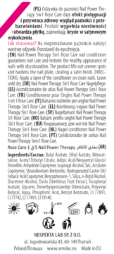 Tył opakowania odżywki Nail Power Therapy 5w1 Rose Care, biała etykieta z instrukcjami i ikonami.