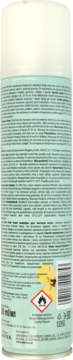 Tył miętowej puszki suchego szamponu Ultra fresh Ciemny brąz, z tekstem, kwiatem i symbolem zagrożenia.