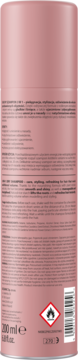 Tył różowej butelki suchego szamponu Volumising Treatment 200ml, widoczne polskie i angielskie opisy produktu.