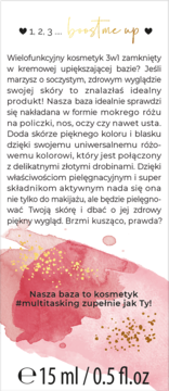 Kosmetyk boost me up, wielofunkcyjny róż 3w1, opakowanie z różową plamą akwareli i złotym brokatem, widok z przodu.