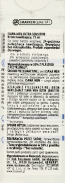 Tył białej tubki kremu ISANA MEN ULTRA SENSITIVE 75 ml z polskimi napisami i informacją o recyklingu.