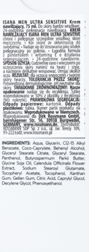 Tył opakowania kremu nawilżającego ISANA MEN ULTRA SENSITIVE z czytelną listą składników i opisem w języku polskim.