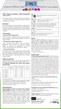 Biały tył opakowania mleka początkowego HiPP 1 z mleka koziego BIO, 400g, instrukcje, skład, logo.