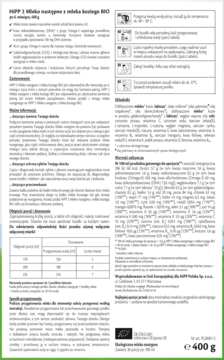 HiPP 2 Mleko następne z mleka koziego BIO 400g w białym opakowaniu foliowym z zielonymi napisami, widok z przodu.