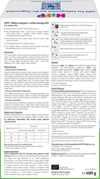 Tył opakowania HiPP 2 Mleko kozie BIO 400g, z tabelą wartości odżywczych i instrukcją przygotowania.