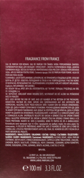 Tył ciemnoczerwonego opakowania damskiej wody perfumowanej La Rive L'EXCELLENTE 100ml, z białym tekstem.
