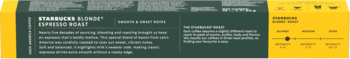 Opis kawy Starbucks Blonde Espresso Roast, łagodne espresso, na ciemnozielonym tle z żółtym panelem bocznym.