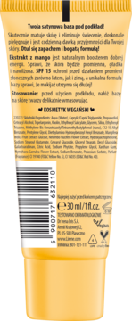 Tył żółtej tubki wegańskiej matującej bazy pod podkład z mango SPF 15, etykieta z opisem.