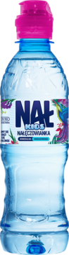 Nałęczowianka Kids naturalna woda mineralna w butelce, z jasno różową nakrętką i kolorową etykietą z grafiką.